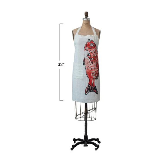 CREATIVE CO-OP- LINEN FISH PRINTED APRON - Image 3