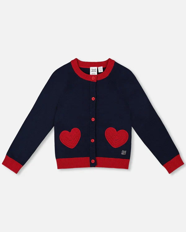 DEUX PAR DEUX- KIDS' NAVY BLUE WITH RED EMBROIDERED HEARTS KNITTED CARDIGAN SWEATER - Image 2
