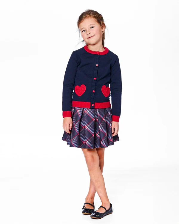 DEUX PAR DEUX- KIDS' NAVY BLUE WITH RED EMBROIDERED HEARTS KNITTED CARDIGAN SWEATER - Image 3