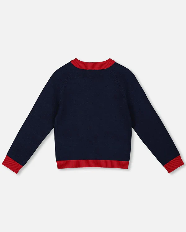 DEUX PAR DEUX- KIDS' NAVY BLUE WITH RED EMBROIDERED HEARTS KNITTED CARDIGAN SWEATER - Image 4