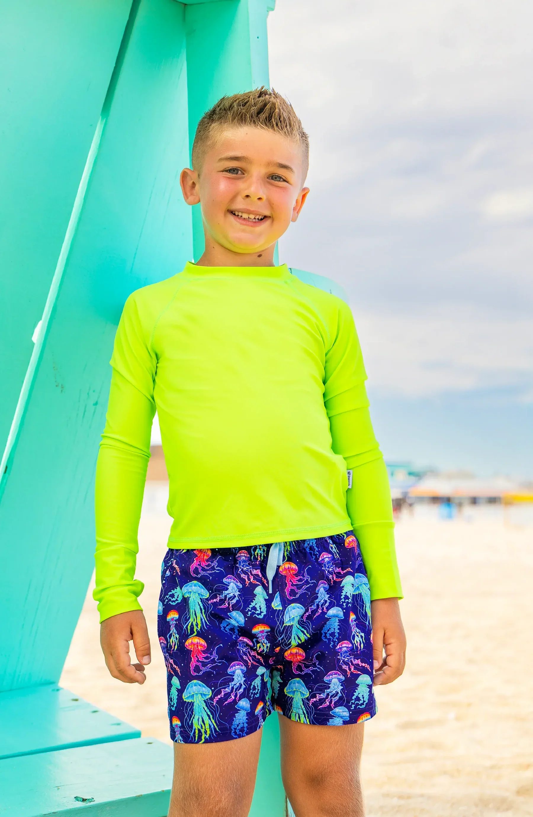 LIMEAPPLE -Dylan Boys Neon Jellyfish Print Board Shorts - Image 3