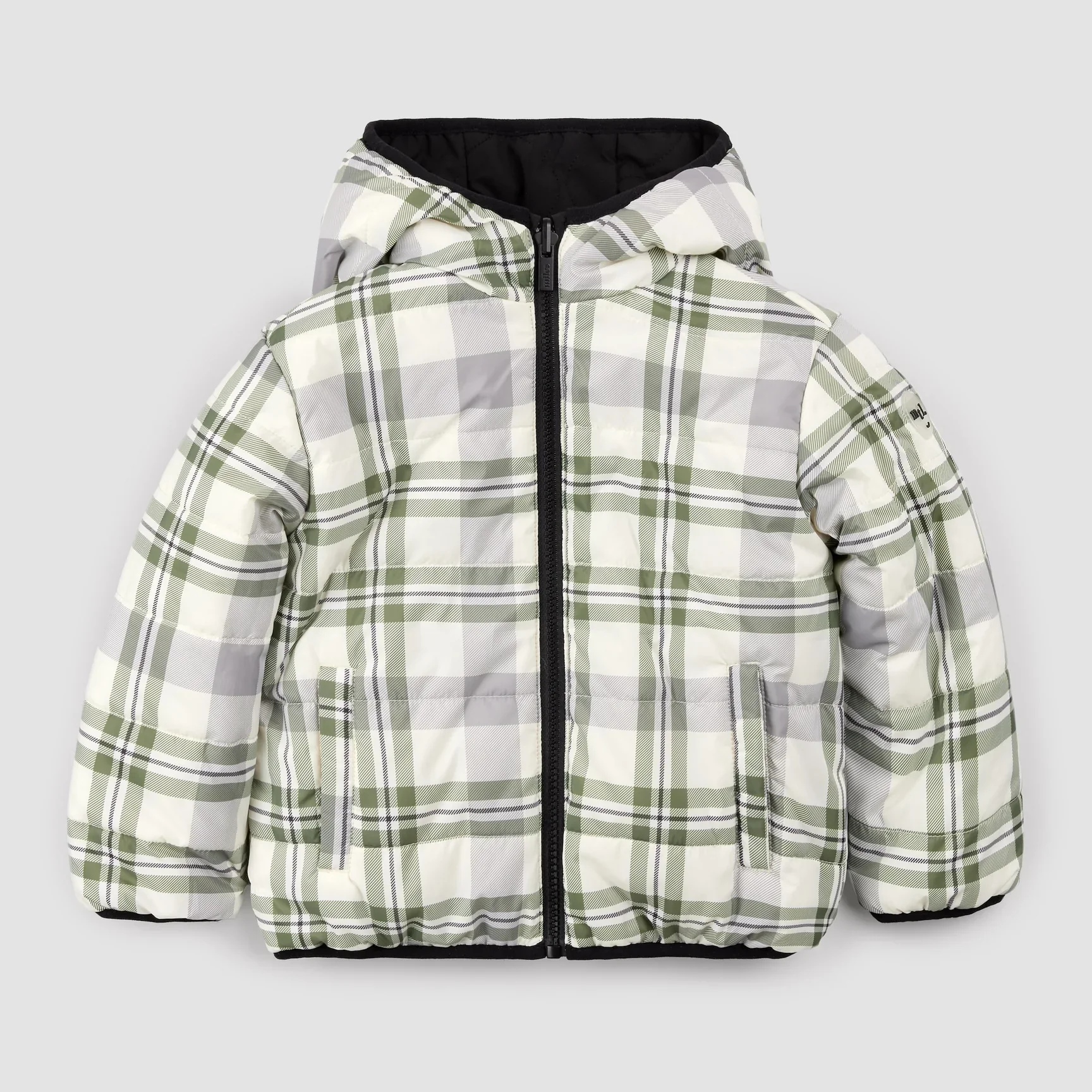 MILES THE LABEL- KIDS Winter Moss Plaid Print on Black Reversible Jacket