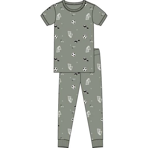 PETIT LEM- Kids Soccer Print on Olive Short-Sleeved PJ Set - Image 3