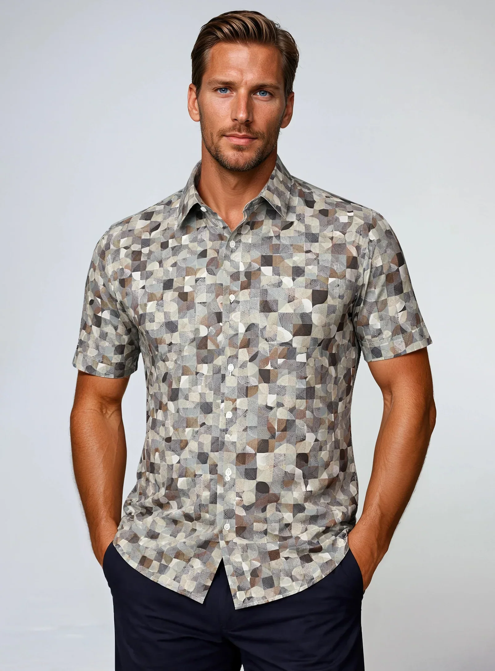 POINT ZERO - MENS 4-WAY STRETCH S/S GEOMETRIC PRINT