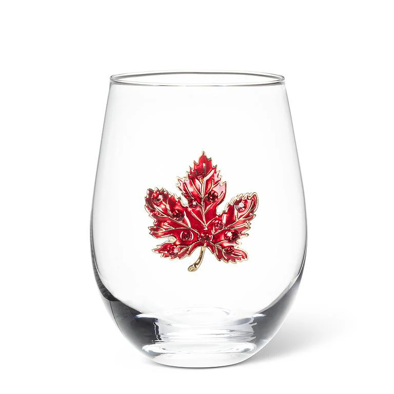 Abbott - Stemless Wine Glass w/Jewel Maple Leaf-4.5"H(16oz)